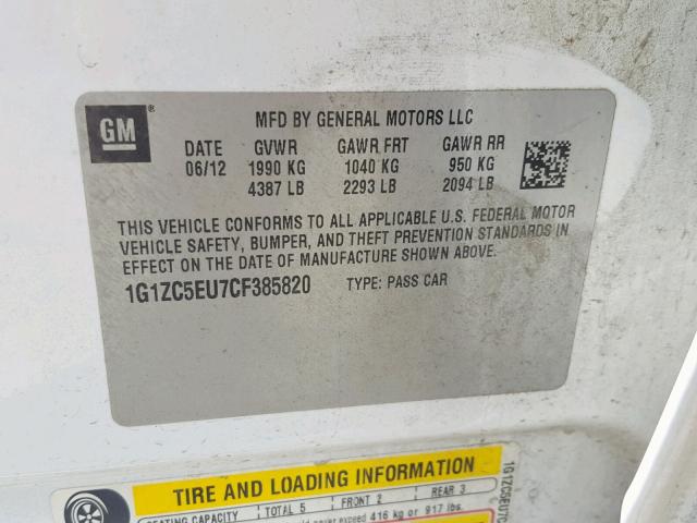 1G1ZC5EU7CF385820 - 2012 CHEVROLET MALIBU 1LT WHITE photo 10