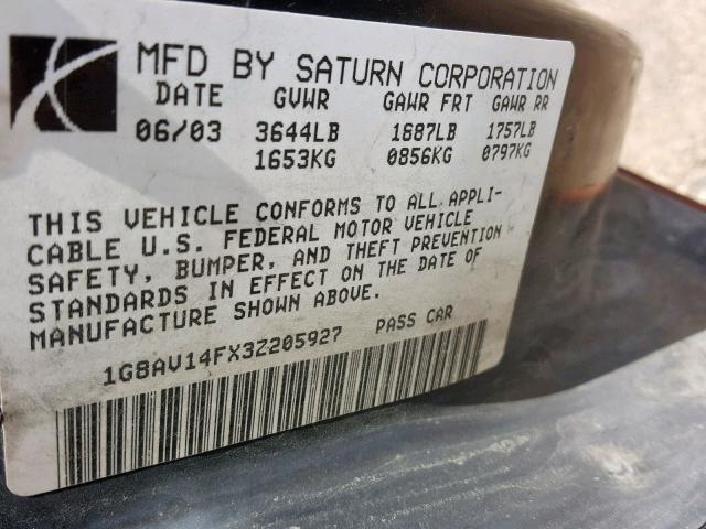 1G8AV14FX3Z205927 - 2003 SATURN ION LEVEL ORANGE photo 10