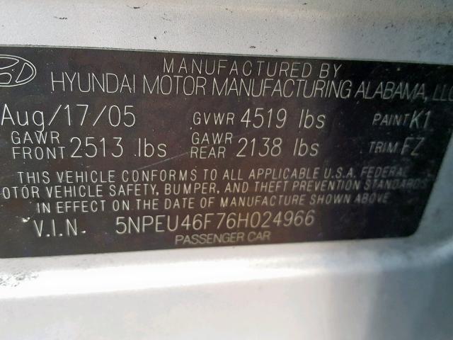 5NPEU46F76H024966 - 2006 HYUNDAI SONATA GLS SILVER photo 10