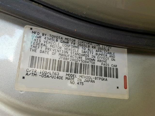 JT8BF28G2Y5084758 - 2000 LEXUS ES 300 SILVER photo 10