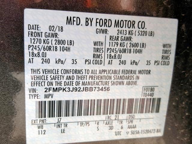 2FMPK3J92JBB73456 - 2018 FORD EDGE SEL GRAY photo 10