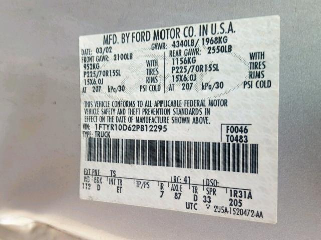 1FTYR10D62PB12295 - 2002 FORD RANGER SILVER photo 10