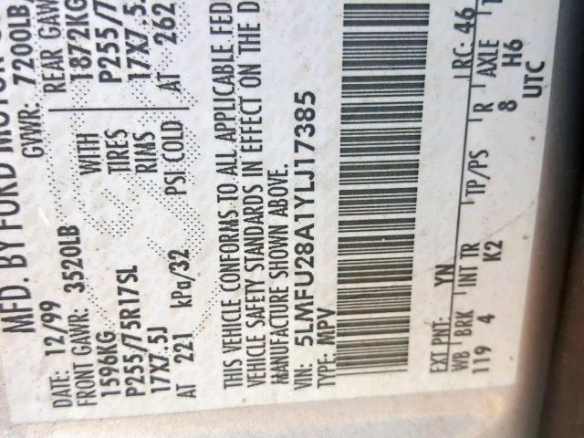 5LMFU28A1YLJ17385 - 2000 LINCOLN NAVIGATOR 银色 照片 10