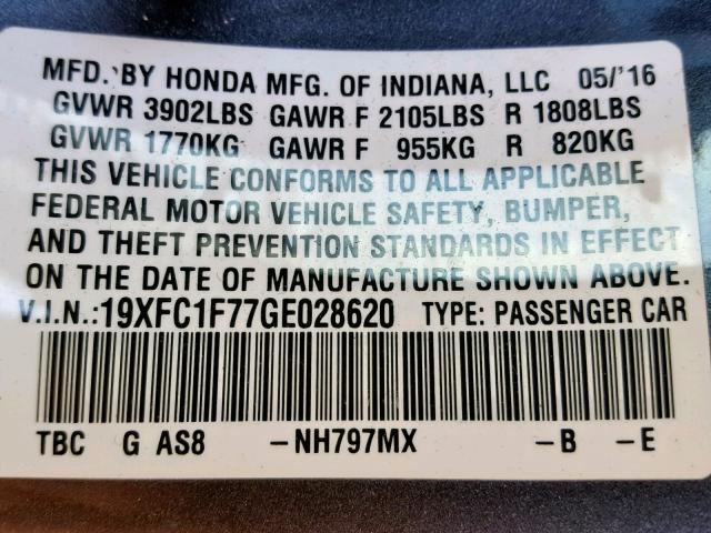 19XFC1F77GE028620 - 2016 HONDA CIVIC EXL GRAY photo 10