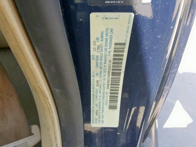 3VWCM31Y64M322116 - 2004 VOLKSWAGEN NEW BEETLE ლურჯი ფოტო 10