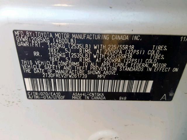 2T3DFREV2FW261739 - 2015 TOYOTA RAV4 LIMIT WHITE photo 10