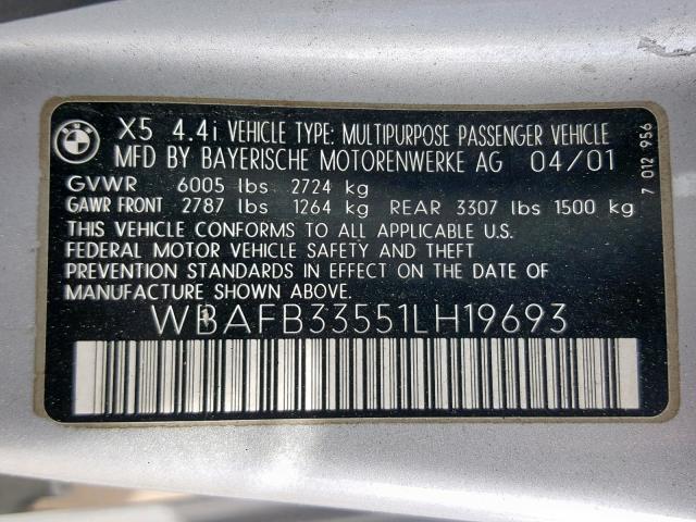 WBAFB33551LH19693 - 2001 BMW X5 4.4I GRAY photo 10