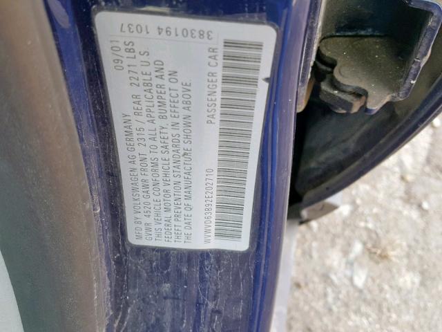 WVWVD63B92E202710 - 2002 VOLKSWAGEN PASSAT GLS BLUE photo 10