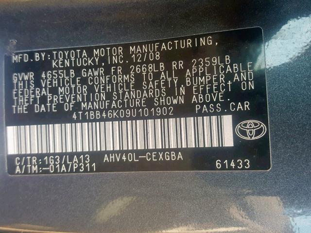 4T1BB46K09U101902 - 2009 TOYOTA CAMRY HYBR GRAY photo 10