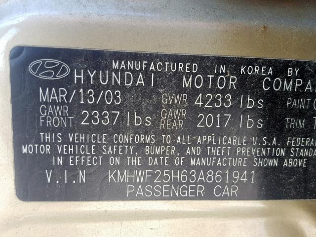 KMHWF25H63A861941 - 2003 HYUNDAI SONATA GL TAN photo 10