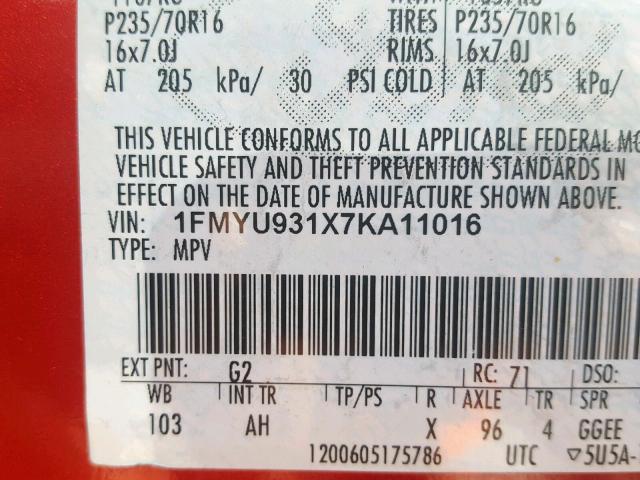 1FMYU931X7KA11016 - 2007 FORD ESCAPE XLT RED photo 10