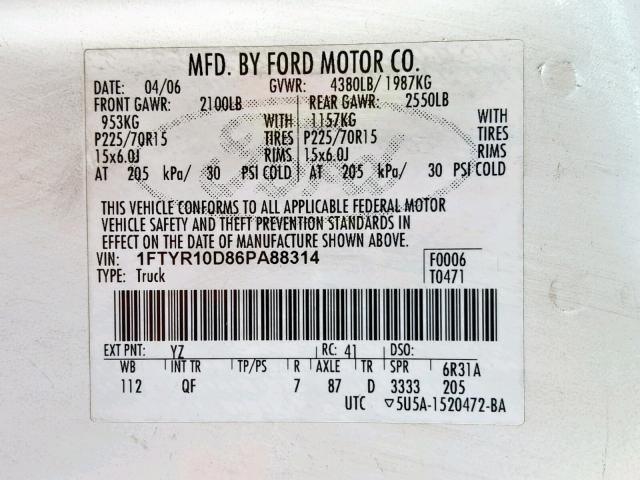 1FTYR10D86PA88314 - 2006 FORD RANGER WHITE photo 10