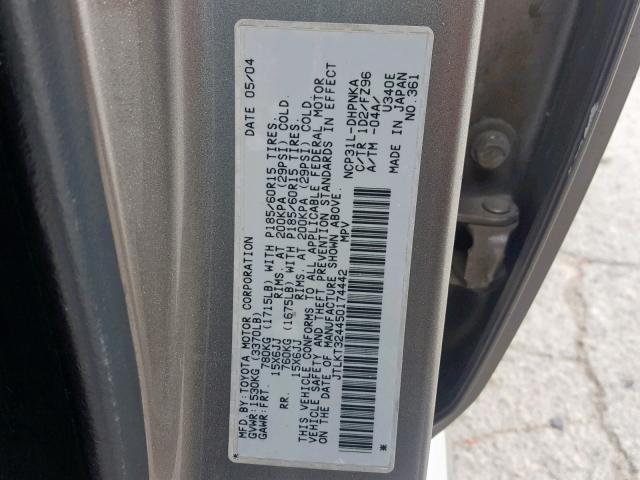 JTLKT324450174442 - 2005 TOYOTA SCION GRAY photo 10