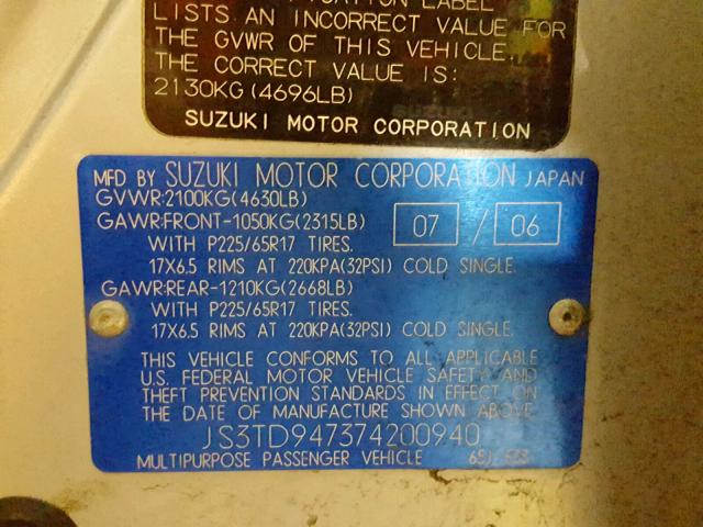 JS3TD947374200940 - 2007 SUZUKI GRAND VITA SILVER photo 10