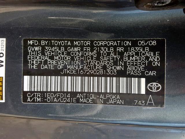 JTKDE167290281303 - 2009 TOYOTA SCION TC შავი ფოტო 10