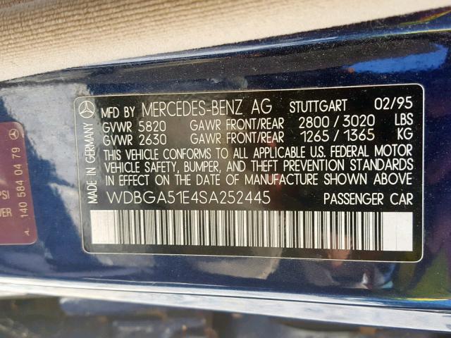 WDBGA51E4SA252445 - 1995 MERCEDES-BENZ S 500 BLUE photo 10