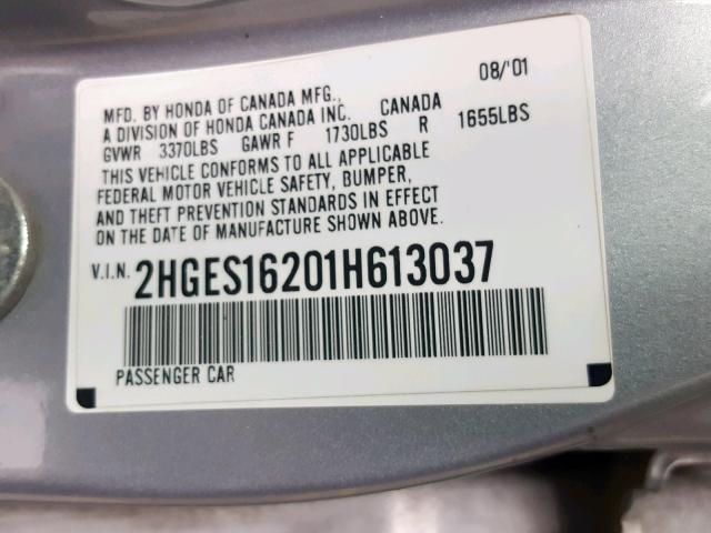 2HGES16201H613037 - 2001 HONDA CIVIC DX GRAY photo 10