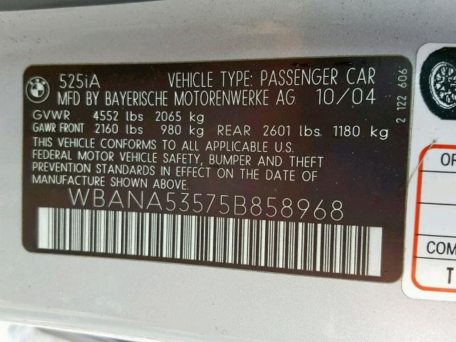 WBANA53575B858968 - 2005 BMW 525 I SILVER photo 10