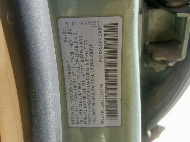 WVWYH63B83E020435 - 2003 VOLKSWAGEN PASSAT GLX GREEN photo 10