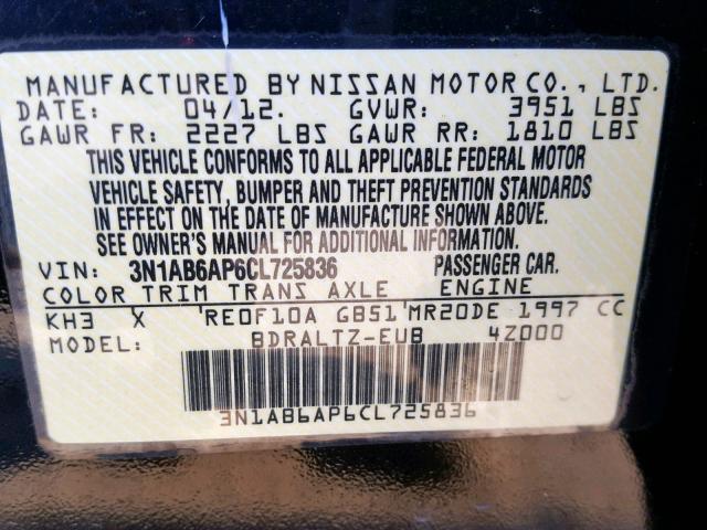 3N1AB6AP6CL725836 - 2012 NISSAN SENTRA 2.0 BLACK photo 10