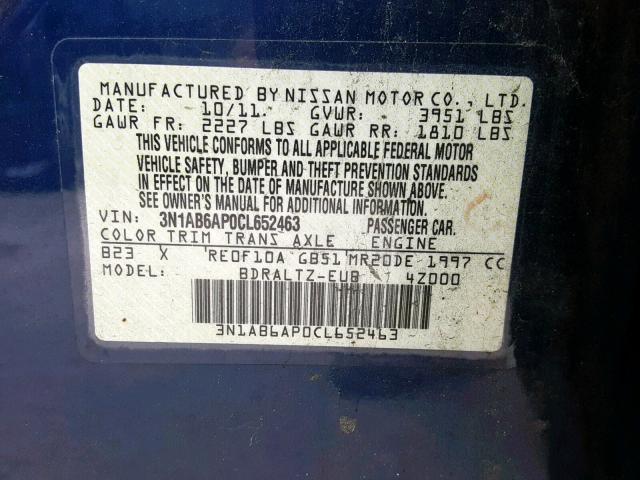 3N1AB6AP0CL652463 - 2012 NISSAN SENTRA 2.0 BLUE photo 10