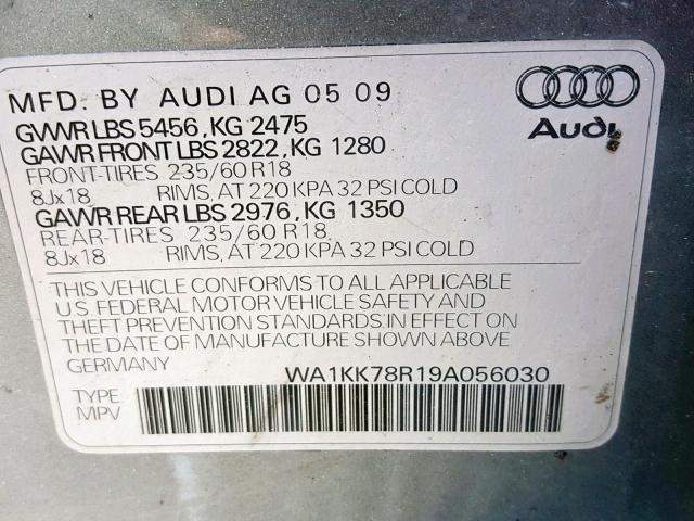 WA1KK78R19A056030 - 2009 AUDI Q5 3.2 GRAY photo 10