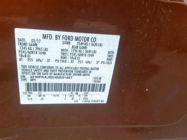 2FMPK4J85HBB51457 - 2017 FORD EDGE SEL ORANGE photo 10