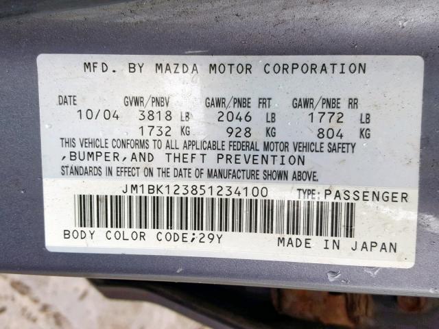 JM1BK123851234100 - 2005 MAZDA 3 S GRAY photo 10