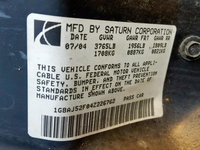 1G8AJ52F04Z226762 - 2004 SATURN ION LEVEL GOLD photo 10