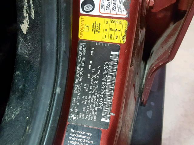 WBXPA93486WG85083 - 2006 BMW X3 3.0I RED photo 10