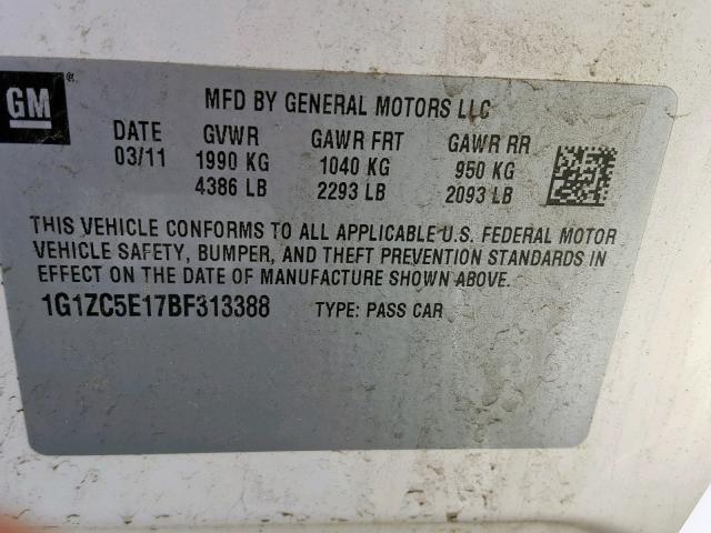 1G1ZC5E17BF313388 - 2011 CHEVROLET MALIBU 1LT WHITE photo 10