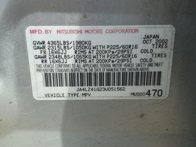 JA4LZ41G23U051562 - 2003 MITSUBISHI OUTLANDER SILVER photo 10