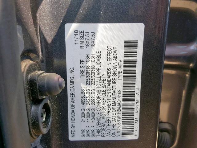 5J6RW1H84JA014169 - 2018 HONDA CR-V EXL GRAY photo 10