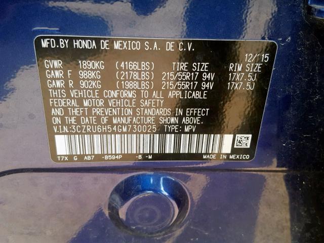 3CZRU6854GM730025 - 2016 HONDA HR-V EX BLUE photo 10