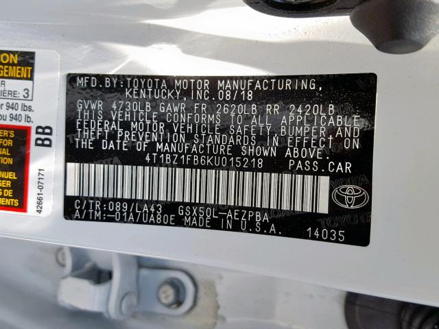 4T1BZ1FB6KU015218 - 2019 TOYOTA AVALON XLE WHITE photo 10