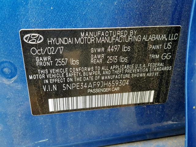 5NPE34AF9JH659304 - 2018 HYUNDAI SONATA SPO BLUE photo 10