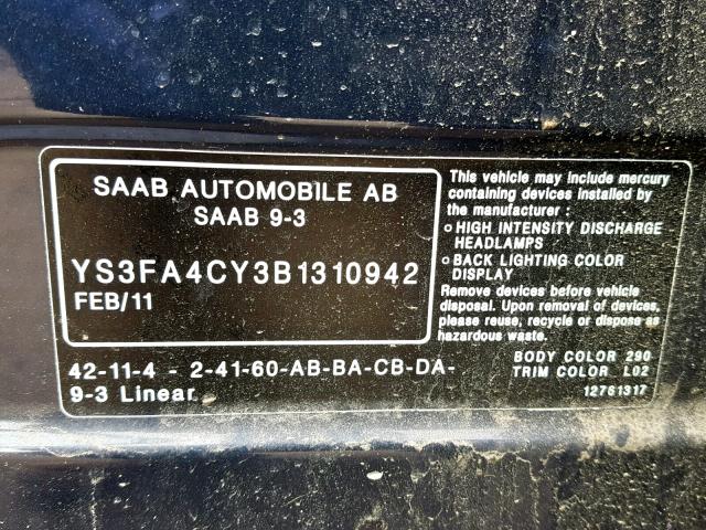 YS3FA4CY3B1310942 - 2011 SAAB 9-3 2.0T GRAY photo 10