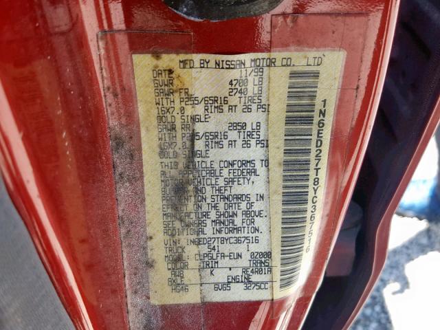 1N6ED27T8YC367516 - 2000 NISSAN FRONTIER C RED photo 10