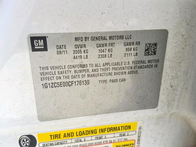 1G1ZC5E00CF176139 - 2012 CHEVROLET MALIBU 1LT WHITE photo 10