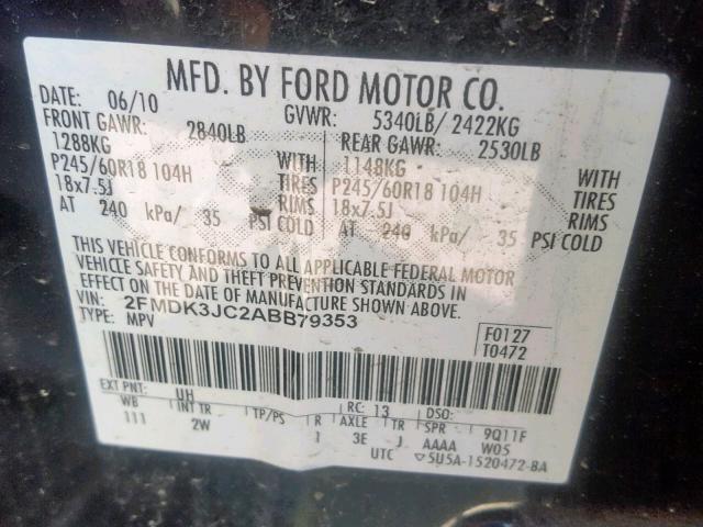 2FMDK3JC2ABB79353 - 2010 FORD EDGE SEL BLACK photo 10