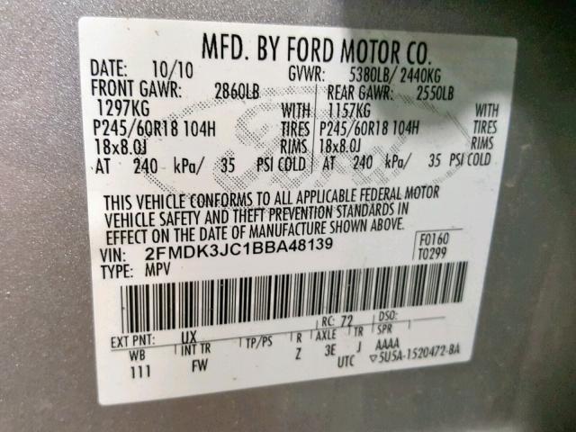 2FMDK3JC1BBA48139 - 2011 FORD EDGE SEL SILVER photo 10