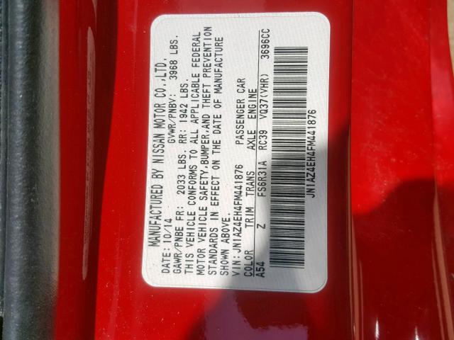 JN1AZ4EH4FM441876 - 2015 NISSAN 370Z BASE RED photo 10