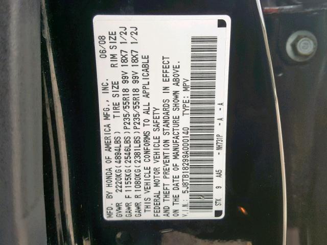 5J8TB18299A000140 - 2009 ACURA RDX BLACK photo 10