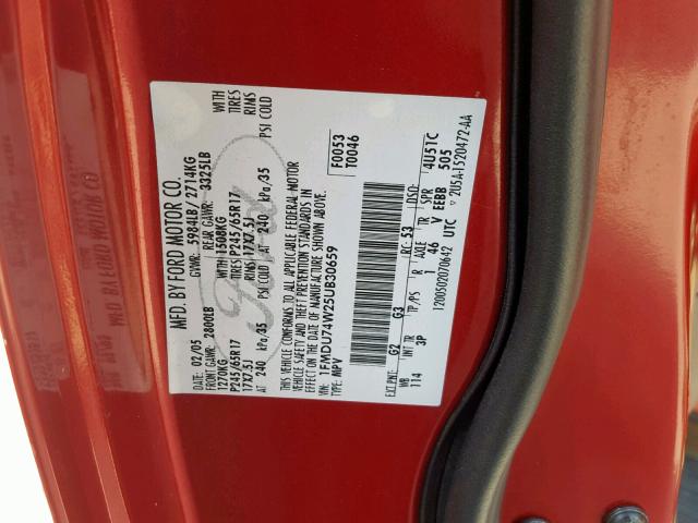 1FMDU74W25UB30659 - 2005 FORD EXPLORER E RED photo 10