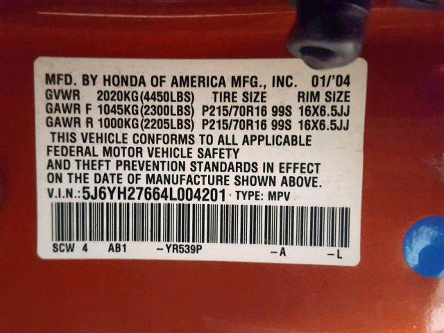 5J6YH27664L004201 - 2004 HONDA ELEMENT EX ORANGE photo 10