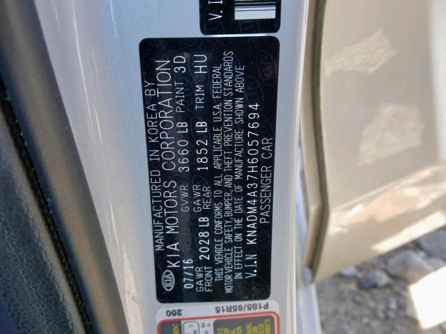 KNADM4A37H6057694 - 2017 KIA RIO LX SILVER photo 10