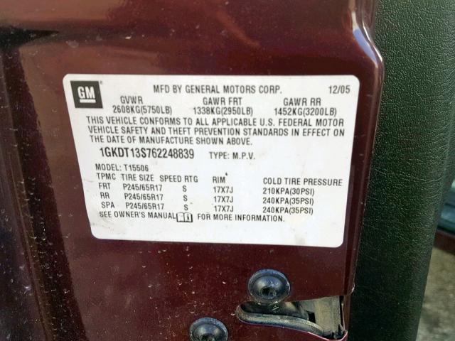 1GKDT13S762248839 - 2006 GMC ENVOY MAROON photo 10