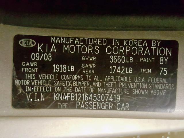 KNAFB121645307419 - 2004 KIA SPECTRA BA TAN photo 10