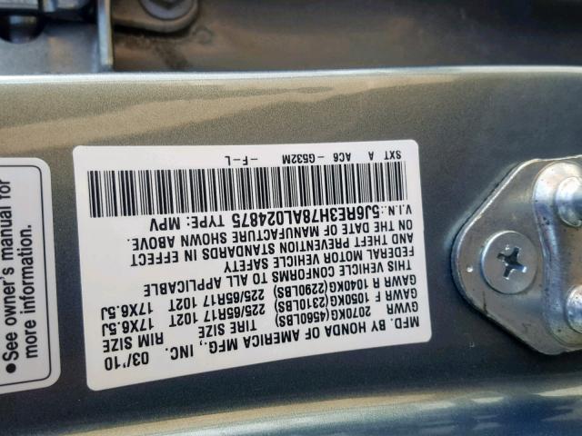 5J6RE3H78AL024875 - 2010 HONDA CR-V EXL TEAL photo 10