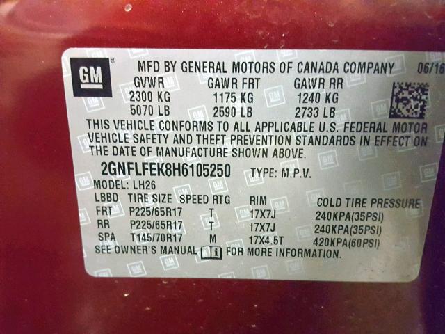 2GNFLFEK8H6105250 - 2017 CHEVROLET EQUINOX LT RED photo 10